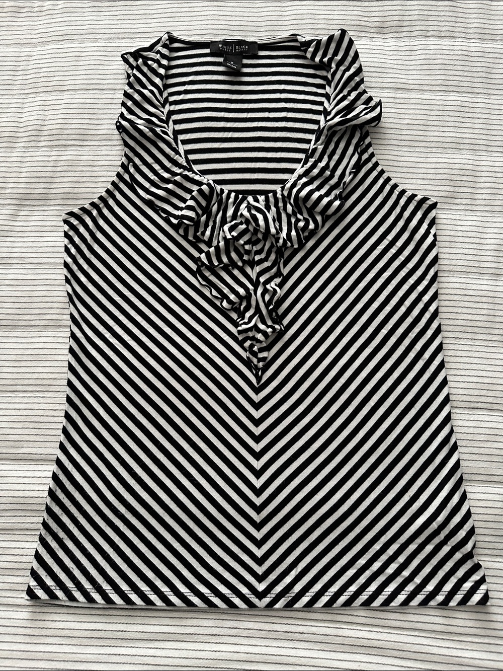 WHBM Black & White Striped Ruffle V-Neck Sleeveless Tank